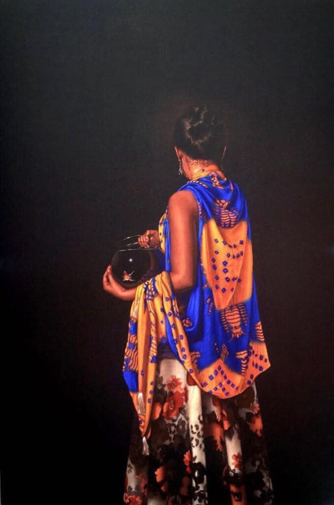 Hyper realistic pencil drawing of girl holding fish bowl by Shashikant Dhotre