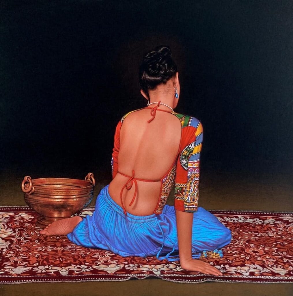 Hyper realistic pencil drawing of seated Indian woman with copper vessel