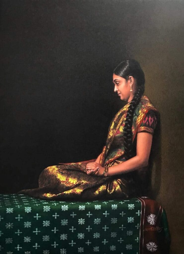Hyper realistic pencil drawing of seated Indian woman