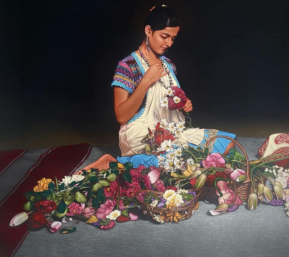 Hyper realistic pencil drawing of woman arranging flowers by Indian artist