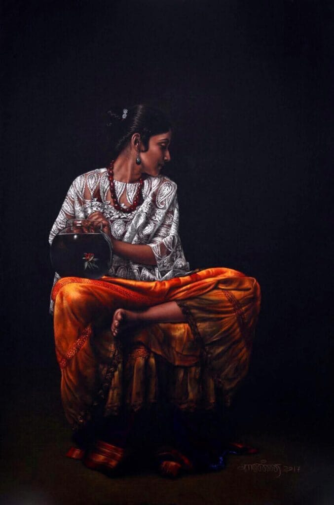 Hyper realistic pencil portrait of woman holding fish bowl side view