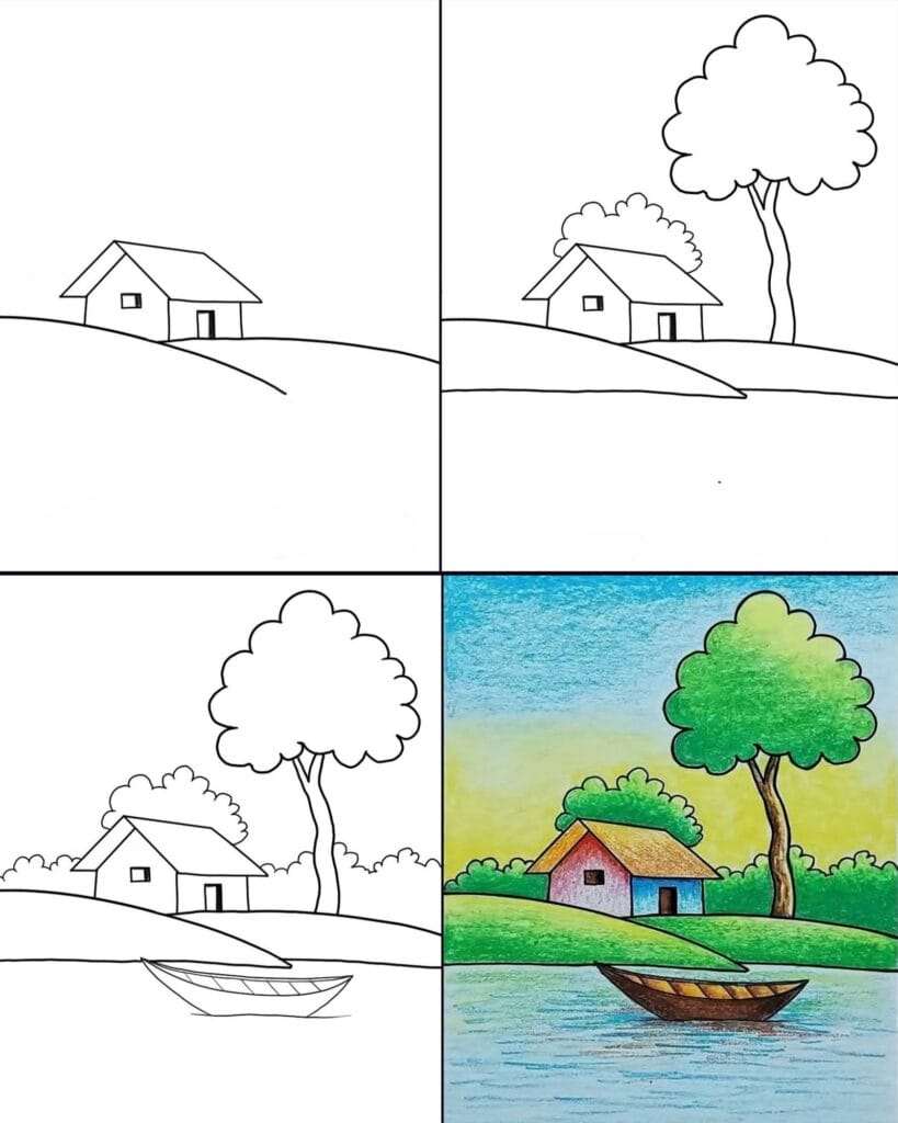 Easy Village Scenery Drawing