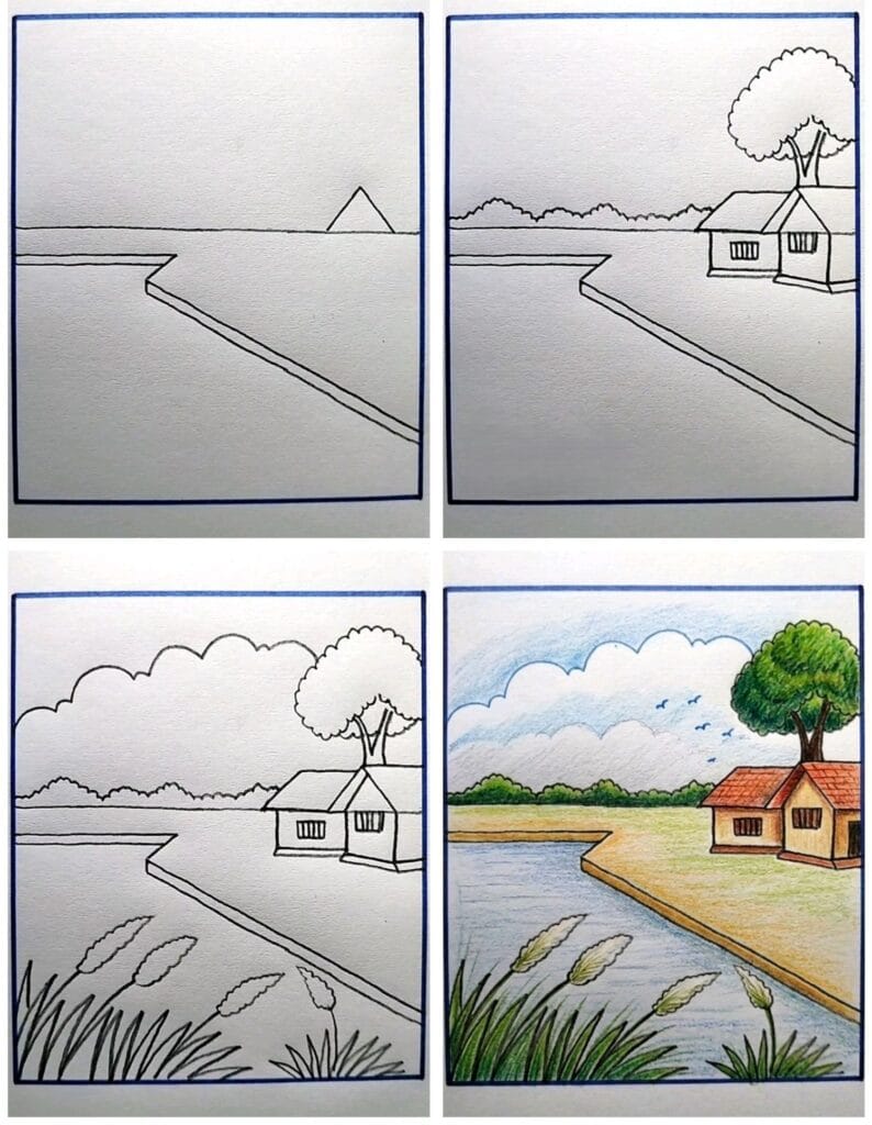 River side easy scenery drawing