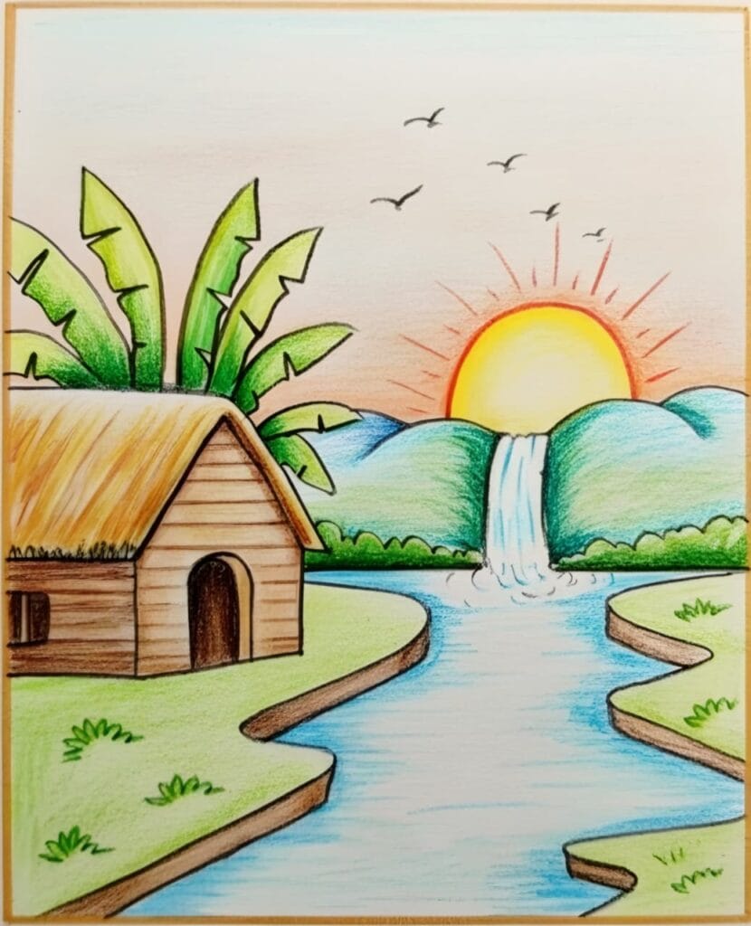 Easy Village Scenery Drawing